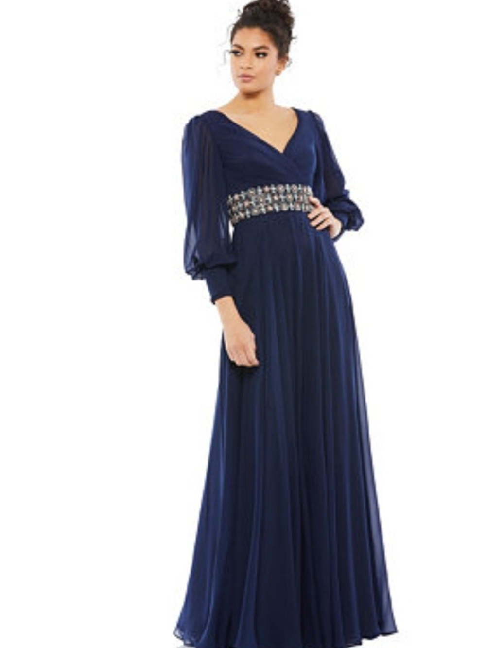 NWOT Mac Duggal Navy V-Neck Evening Gown w/Bishop Sleeves & Jeweled Waist